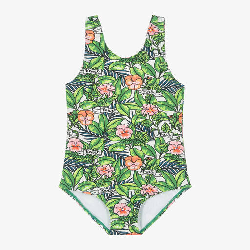 KENZO KIDS-Girls Green Floral Jungle Leaf Swimsuit | Childrensalon