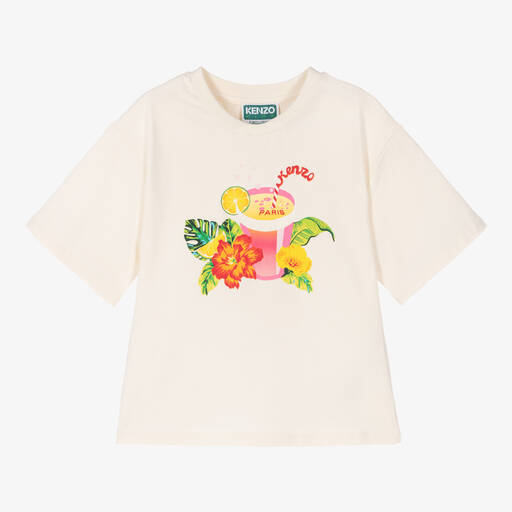 KENZO KIDS-Girls Ivory Cotton T-Shirt | Childrensalon