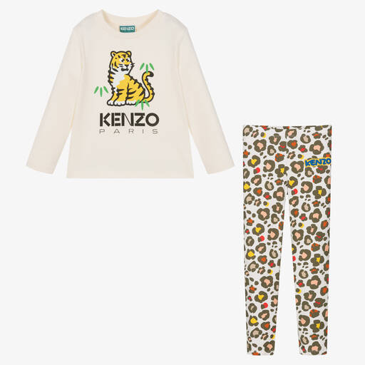 KENZO KIDS-طقم ليغنغز بطبعة نمر كوتورا قطن لون عاجي للبنات | Childrensalon
