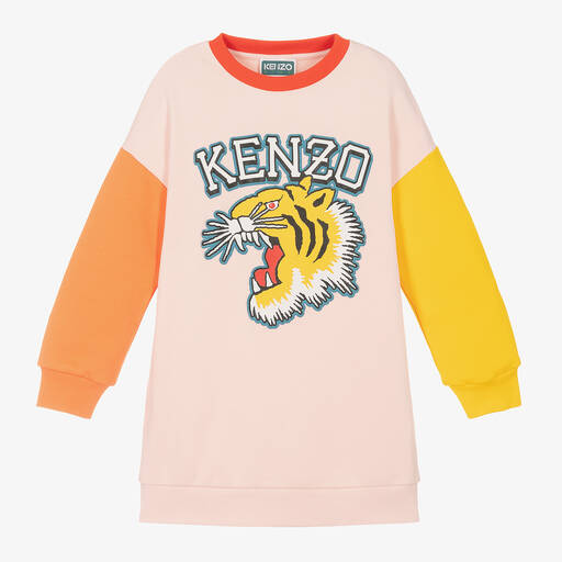 KENZO KIDS-Розовое платье с тигром и цветовыми блоками для девочек | Childrensalon