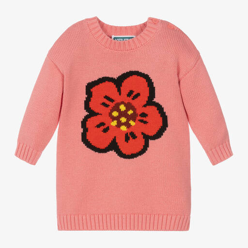 KENZO KIDS-Girls Pink Cotton Knit Boke Flower Dress | Childrensalon