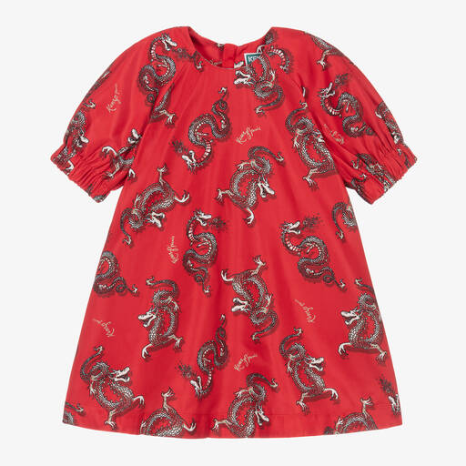 KENZO KIDS-Красное атласное платье с драконами для девочек | Childrensalon