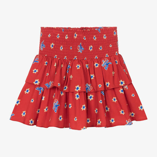 KENZO KIDS-Girls Red Floral Tiered Viscose Skirt | Childrensalon