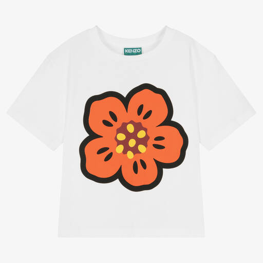KENZO KIDS-Белая хлопковая футболка с цветком | Childrensalon