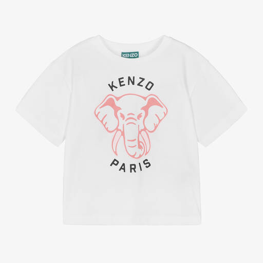 KENZO KIDS-تيشيرت بطبعة الفيل قطن عضوي لون أبيض للبنات  | Childrensalon