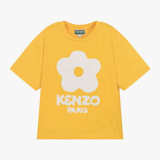 KENZO KIDS-Желтая хлопковая футболка с цветком для девочек | Childrensalon