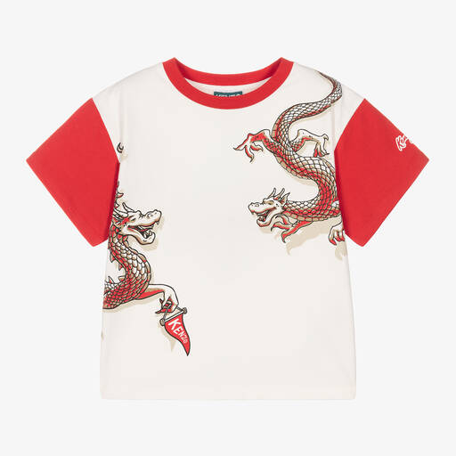 KENZO KIDS-Кремово-красная футболка из хлопка с драконами | Childrensalon