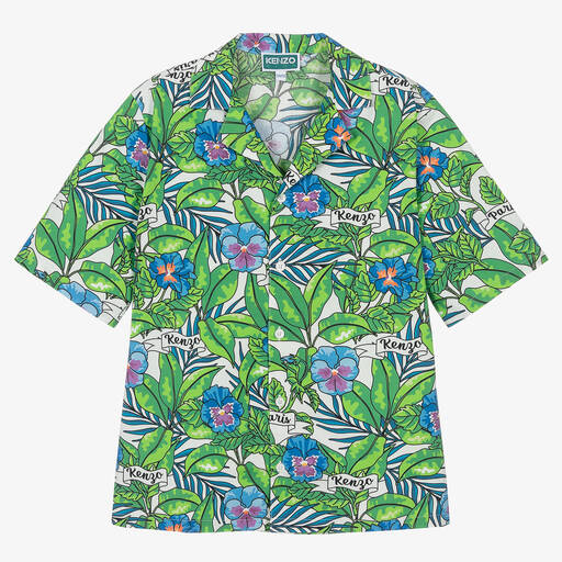 KENZO KIDS-Teen Boys Green Flower Print Cotton Shirt | Childrensalon