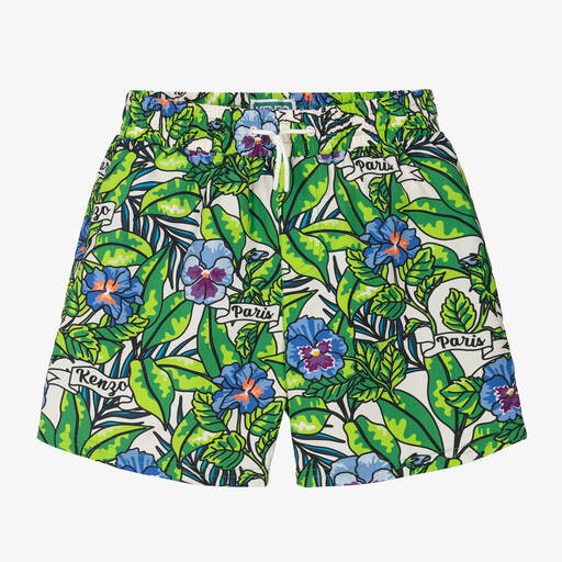KENZO KIDS-Teen Boys Green Flower Print Swim Shorts | Childrensalon