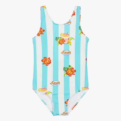 KENZO KIDS-Teen Girls Blue Striped Floral Print Swimsuit | Childrensalon