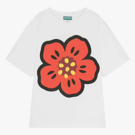 KENZO KIDS-Кремовая хлопковая футболка с цветком для девочек-подростков | Childrensalon