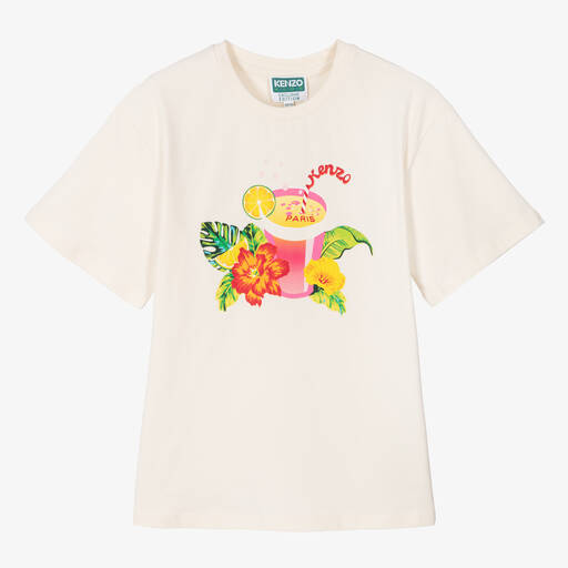 KENZO KIDS-Teen Girls Ivory Cotton T-Shirt | Childrensalon