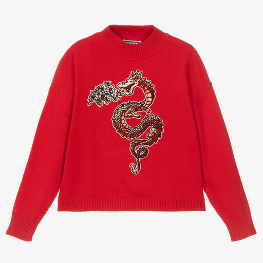KENZO KIDS-Teen Girls Red Cotton Knit Dragon Sweater | Childrensalon