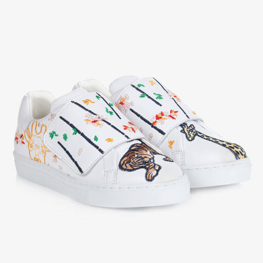 KENZO KIDS-Teen Girls White Embroidered Leather Trainers | Childrensalon