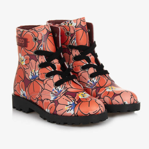 KENZO KIDS-Teen Red & Pink Floral Leather Boots | Childrensalon