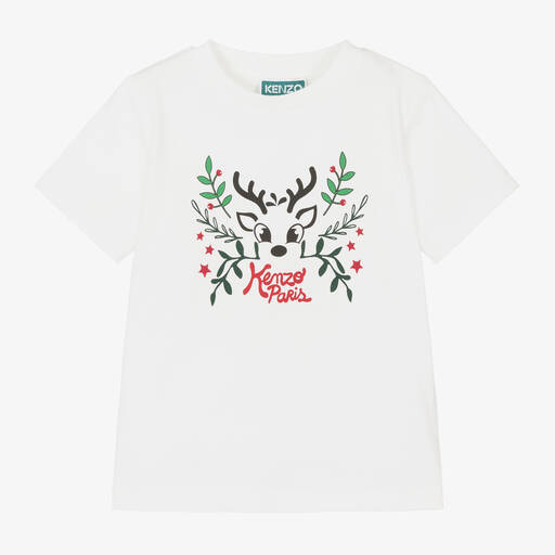 KENZO KIDS-Белая хлопковая футболка с новогодним оленем | Childrensalon
