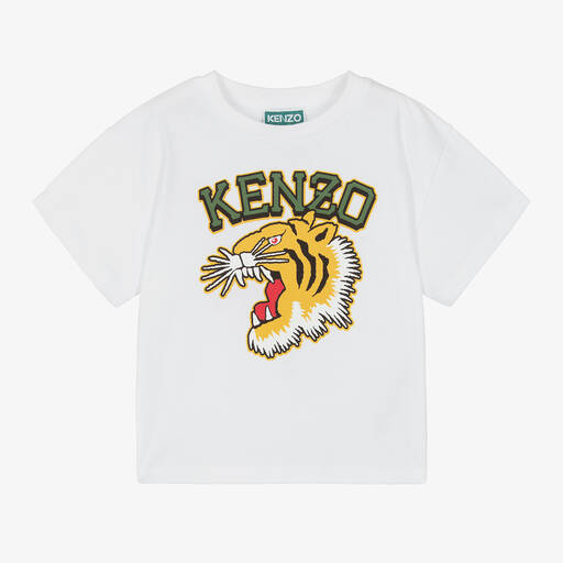 KENZO KIDS- White Varsity Tiger Organic Cotton T-Shirt | Childrensalon
