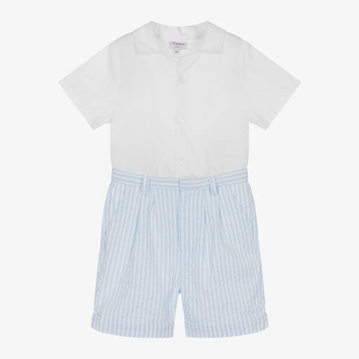 Kidiwi-Boys Blue Striped Cotton Shorts Set | Childrensalon