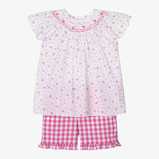 Kidiwi-Girls Pink Cotton Checked Shorts Set | Childrensalon