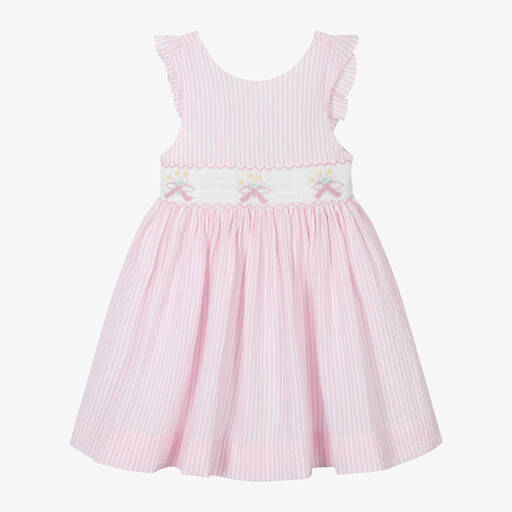 Kidiwi-Girls Pink & White Cotton Smocked Dress | Childrensalon