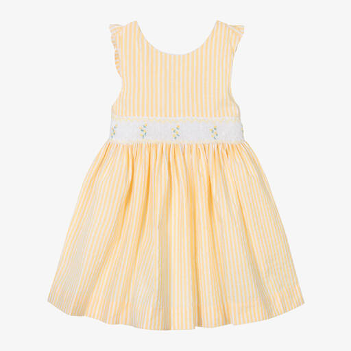 Kidiwi-Girls Yellow & White Cotton Smocked Dress | Childrensalon