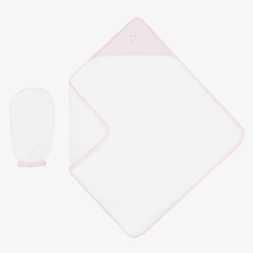 Kissy Kissy-Baby Girls White & Pink Beary Plaid Hooded Towel Set | Childrensalon