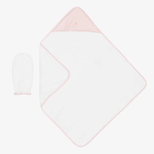 Kissy Kissy-White & Pink Cotton Hooded Towel & Mitt Set | Childrensalon