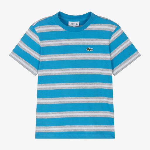 Lacoste-Boys Blue Striped Cotton T-Shirt | Childrensalon