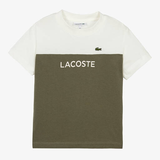 Lacoste-Boys Ivory & Green Cotton T-Shirt | Childrensalon