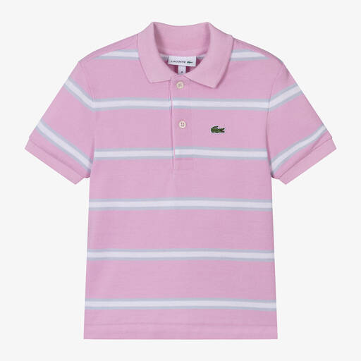 Lacoste-Boys Pink Striped Cotton Polo Shirt | Childrensalon
