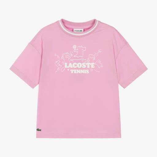 Lacoste-Girls Pink Cotton Tennis Crocodile T-Shirt | Childrensalon