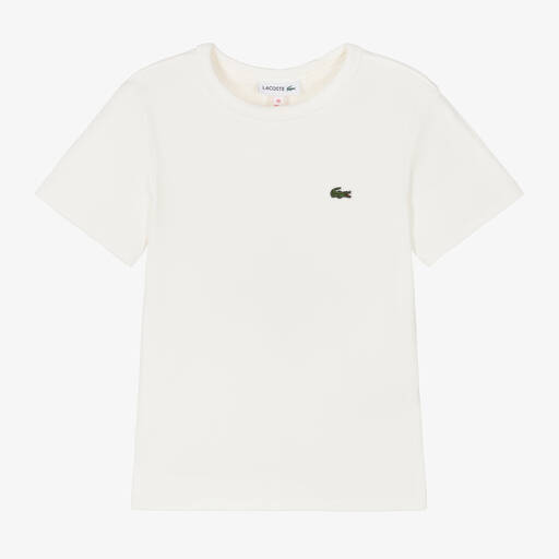 Lacoste-Girls White Ribbed Cotton T-Shirt | Childrensalon