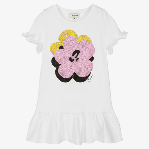 Lanvin-Girls White Daisy Cotton T-Shirt Dress | Childrensalon
