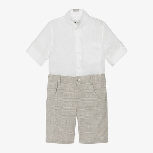 Lapin House-Boys White & Beige Linen Shorts Set | Childrensalon