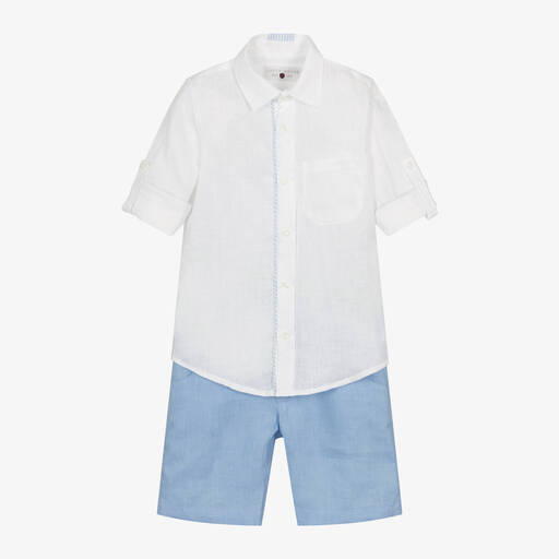 Lapin House-Белая рубашка и голубые шорты из льна | Childrensalon