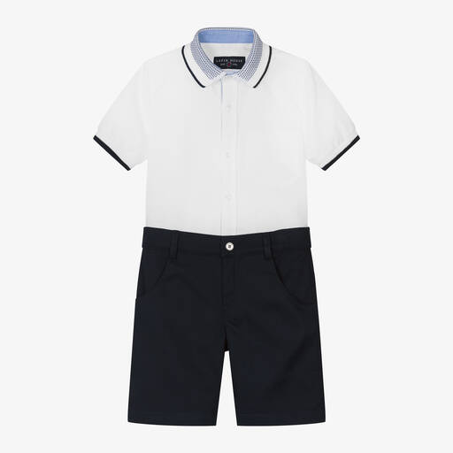 Lapin House-Boys White & Navy Blue Cotton Shorts Set  | Childrensalon