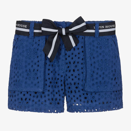 Lapin House-Girls Blue Cotton Broderie Anglaise Shorts | Childrensalon