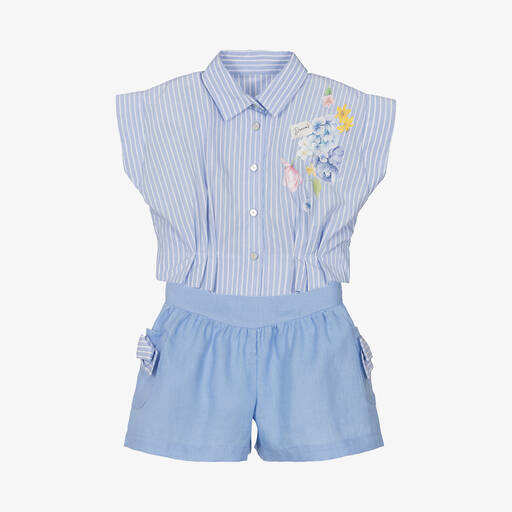 Lapin House-Girls Blue Stripe & Floral Shorts Set | Childrensalon