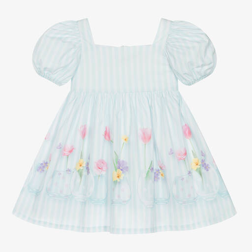 Lapin House-Girls Blue Striped Cotton Floral Dress | Childrensalon