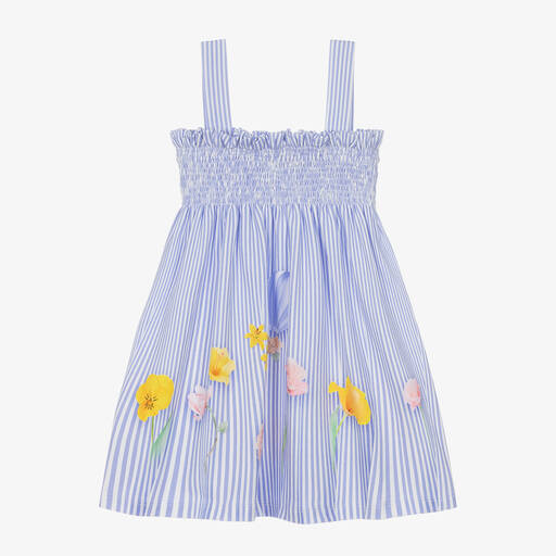 Lapin House-Girls Blue Striped Flower Print Dress | Childrensalon