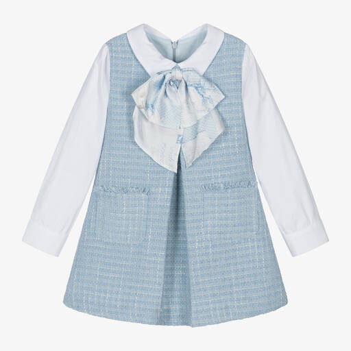 Lapin House-Girls Blue Tweed Bow Dress | Childrensalon