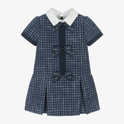 Lapin House-Girls Blue Tweed Bow Front Dress | Childrensalon