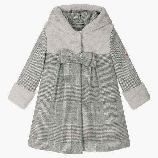 Lapin House-Girls Grey Checked Wool Hooded Coat | Childrensalon