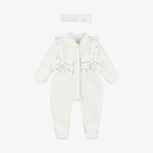 Lapin House-Girls Ivory Velour Babygrow Set | Childrensalon