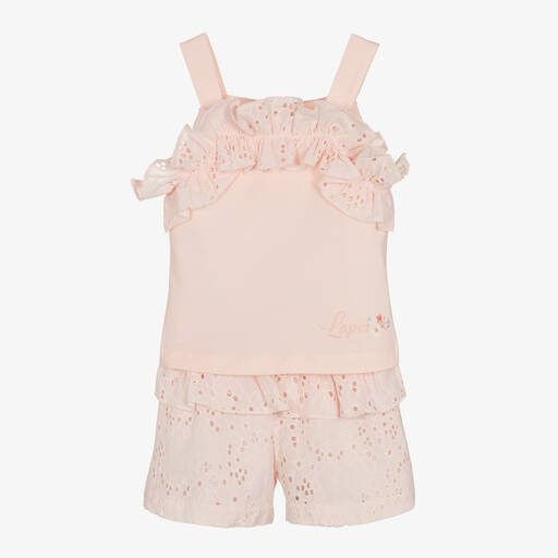 Lapin House-Girls Pink Broderie Cotton Shorts Set | Childrensalon