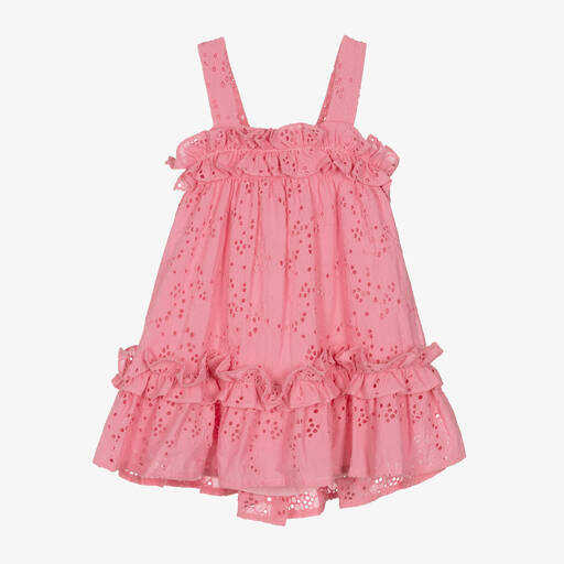 Lapin House-Girls Pink Cotton Broderie Anglaise Dress | Childrensalon