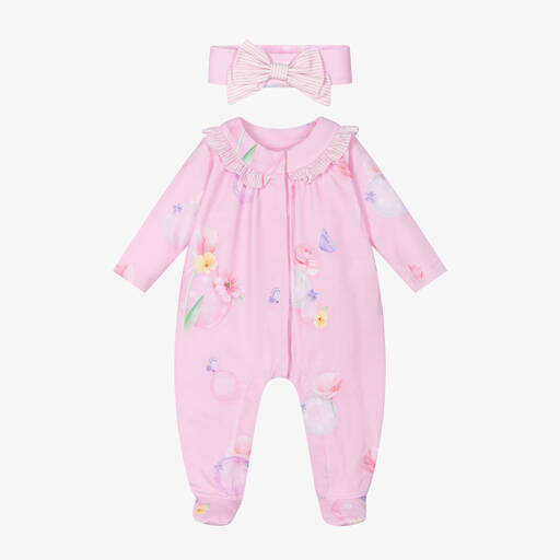 Lapin House-Girls Pink Floral Cotton Babysuit Set | Childrensalon