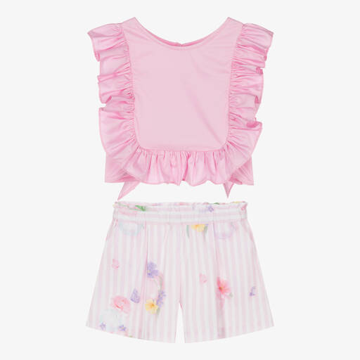 Lapin House-Girls Pink Stripe Floral Shorts Set | Childrensalon