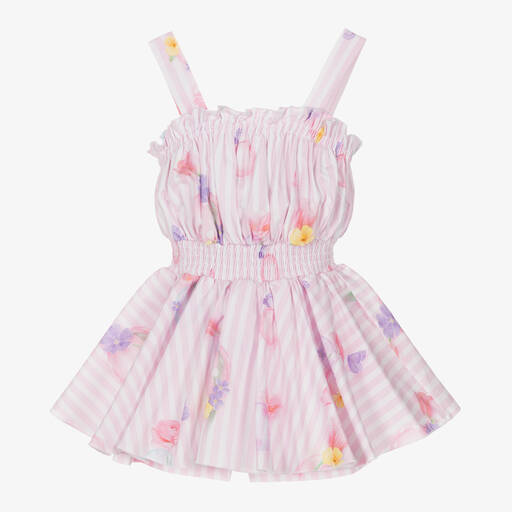Lapin House-Girls Pink Striped Floral Cotton Playsuit | Childrensalon