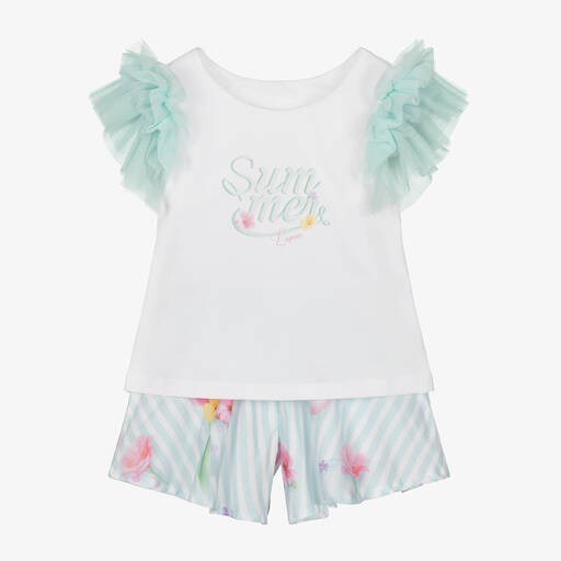 Lapin House-Girls White & Aqua Blue Cotton Shorts Set | Childrensalon